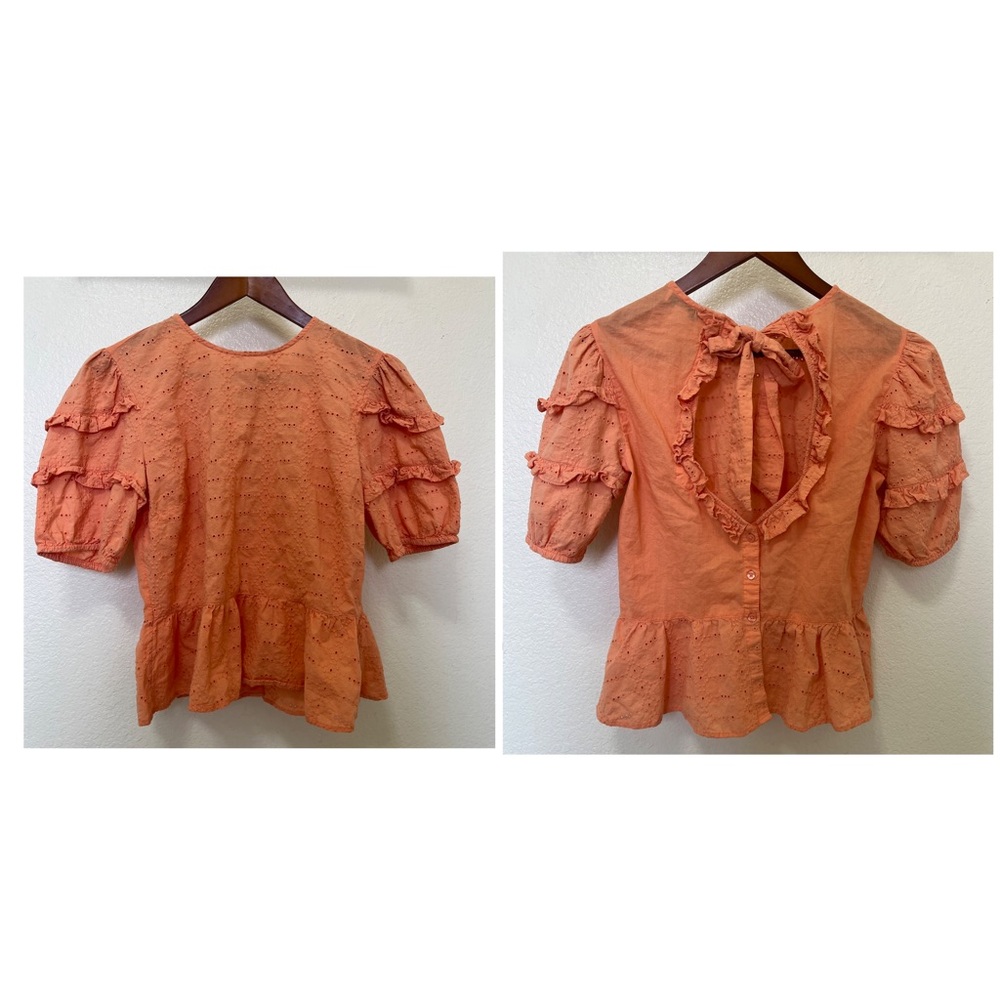CalliGraphie Eyelet Peplum Blouse Sz M Orange Ruffle Sleeve Tie Cutout Back Boho